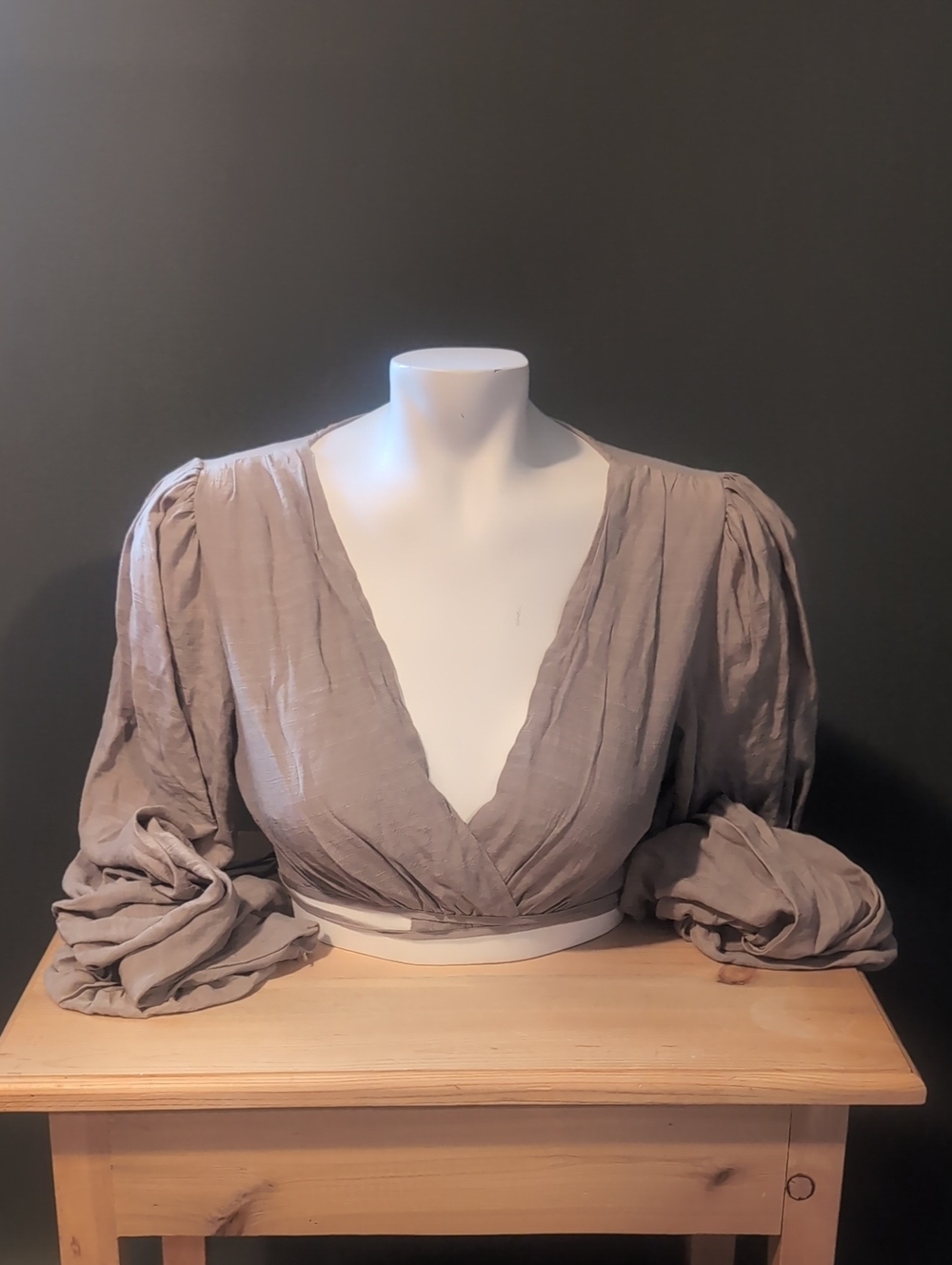 Princess Polly Taupe Puff Sleeve Cropped Wrap Blouse